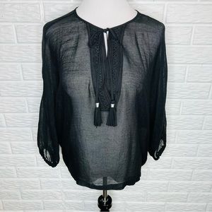 WHITE HOUSE BLACK MARKET WHBM Sheer Tassel Tie Blouse in Black Size S